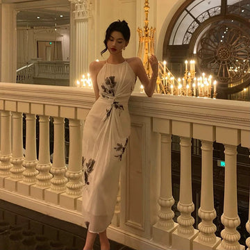 A Line Halter White Chiffon Date Night Dress Prom Dresses Birthday Outfit SD850